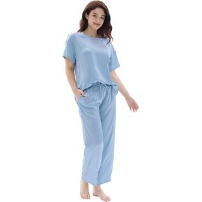 Joyaria Womens Pajamas/Pjs/Loungewear/Sleepwear Set Short Sleeve Top Soft/Comfy (Dusty Blue, Small)