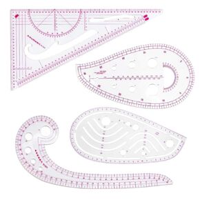 Fashion Clear Metric Sewing Ruler Set, French Curve Pattern Making Ruler Kit for Beginners Tailors Designers (4-Piece Set)