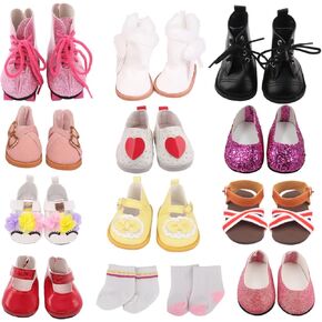 7 Pairs of 18 Inch Doll Shoes ( Random from 20) and 2 Pairs of Doll Socks, Fashion Cute Doll Princess Shoes Doll Boots Leather Shoes Canvas Sneaker Fit American Doll Accessories