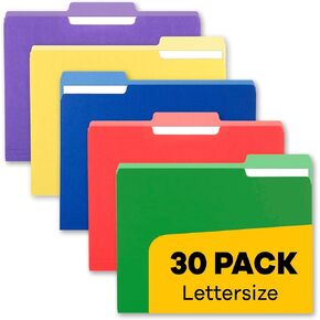 Colored File Folders - (30 Pack), 8.5 x 11 Letter Size, 5 Bright Colors - Ideal for Easy and Efficient Document Organization