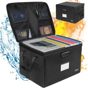 DEEGO Fireproof Document Box, Water-Resistant File Organizer Box with Lock, Portable File Box with Handle Document Safe Collapsible File Cabinets for Home Office for Hanging Letter/Legal Folder, Black