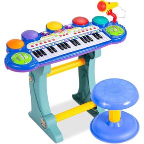 Best Choice Products 37-Key Kids Electronic Musical Instrument Piano Learning Toy Keyboard w/Multiple Sounds, Lights, Microphone, Stool - Blue