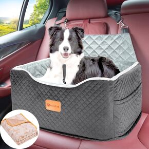 Memory Foam Booster Dog Car Seat Medium Dogs, Elevated Pet Car Seat Under 45 LBS, Detachable Washable, Anti-Slip Dog Booster Seat for Car Back Seat Only, Travel Dog Car Bed, Dog Seat Belt