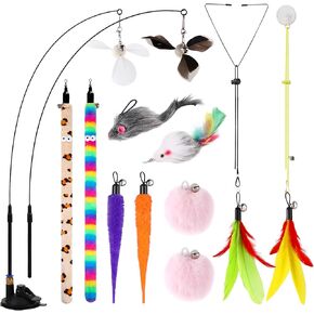 Soarer 4-in-1 Interactive Cat Feather Toys,12Pcs Durable Fishing Pole Cat Feather Toy Replacements,Enhanced Suction Cup Cat Wand Toy,2 Types Door Hanging Cat String Toy for Indoor Kitten Cats
