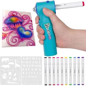 Air Color Airbrush Marker Kit for Kids, Cordless and Rechargeable Air Brush Set Includes 10 Washable Markers, Stencils, Charging Cable, Arts & Crafts Gift Set for Painting, Coloring, School Projects