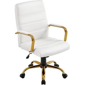 Yaheetech Mid-Back Office Chair PU Leather Desk Chair Adjustable Executive Task Chair w/Lumber Support Gold Leg White Seat