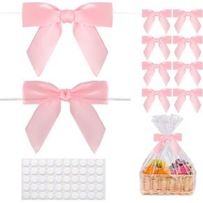 50Pcs Pink Twist Tie Bows, 3.5'' Pre-Tied Satin Ribbon Small Pink Bows for Gift Wrapping Treat Bags Crafts, Mini Pink Bow Garland for Wedding Birthday Party Bridal Shower Decoration Halloween