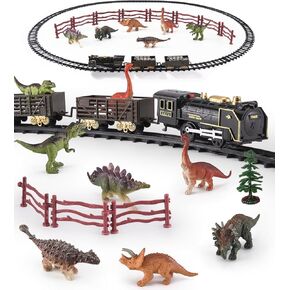 Dinosaur Toy Train Set, Electric Steam Engine with Light & Sound, Include 6 Dino Figures & Accessories, Miniature Animals Toy Cake Topper Bulk Toddler Stocking Stuffers Gift for Ages 3 & Up Boys Girls