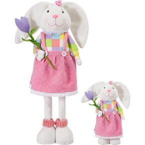 Easter Decorations for Home Rabbit Bunny Plush Decor Handmade with Dress Easter Standing Sign Retractable Long Leg Cute Bunny Spring Décor Stretch Legs Figure