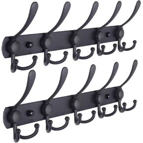 Dseap Coat Rack Wall Mounted - 5 Tri Hooks, Heavy Duty, Stainless Steel, Metal Coat Hook Rail for Coat Hat Towel Purse Robes Mudroom Bathroom Entryway (Black, 2 Packs)