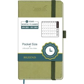 BEZEND 2 Year Pocket Calendar 2025-2026 - Small Monthly Planner for Purse 6.5" x 3.5", Runs Jan 2025 to Dec 2026, 100 GSM Paper, Pen Loop & Notes, PU Leather Hardcover in Orange
