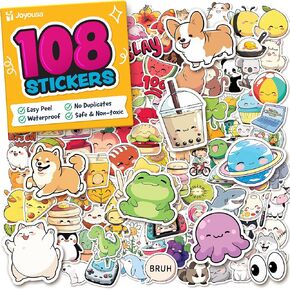Cute Stickers for Kids - Kawaii Water Bottle Stickers for Teens - 108pc Sticker Pack - Waterproof Vinyl Stickers for Water Bottles, Scrapbook, Laptops, Etc.