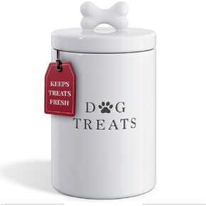 Barnyard Designs Large Dog Treat Container Airtight with Lid, Cute Rustic Ceramic Dog Treat Storage Jar for Kitchen Counter (White)