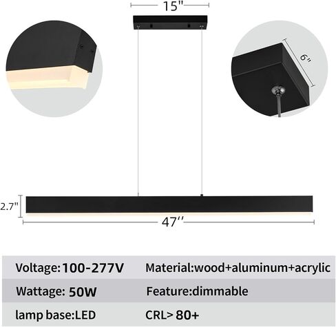 47" Acrylic LED Linear Pendant Fixture, 50 Watt Dimmable Table Lamp with Remote Control, Modern Island Lamp (for Kitchen Dining Room Living Room Office Bar), 3000k-6000k, Black in Saudi Arabia