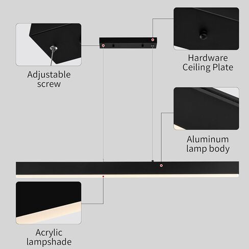 47" Acrylic LED Linear Pendant Fixture, 50 Watt Dimmable Table Lamp with Remote Control, Modern Island Lamp (for Kitchen Dining Room Living Room Office Bar), 3000k-6000k, Black in Saudi Arabia