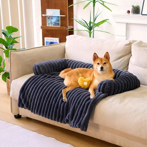 Fuzzy Pet Couch Covers for Sofa, 37" L × 33" W × 6" H Calming Dog Bed Fluffy Plush Dog Mat for Furniture Protector with Bolster for Large Medium Small Dogs and Cats, Large, Dark Grey in Kuwait