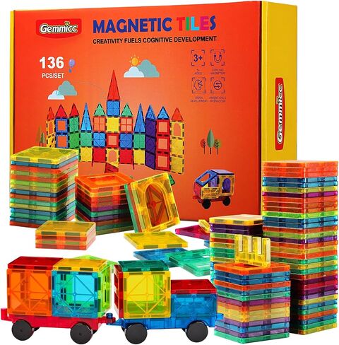 Gemmicc Magnetic Tiles, Deluxe 136 PCS Building Blocks Magnet Toys for Kids,3D Magnet Puzzles Stacking Blocks for Boys Girls,Huge Set with 2 Cars in Saudi Arabia