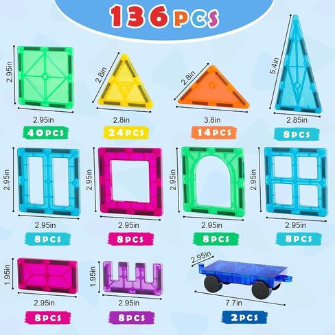 Gemmicc Magnetic Tiles, Deluxe 136 PCS Building Blocks Magnet Toys for Kids,3D Magnet Puzzles Stacking Blocks for Boys Girls,Huge Set with 2 Cars in Saudi Arabia