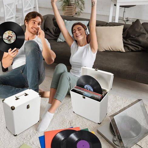 Costravio Vinyl Record Storage Case LP Album Collection Display Box Water Resistant Vinyl Record Organizer Storage Holds 45 Valuable Records 7/10/12 Inch Collapsible Storage Crate White in Saudi Arabia