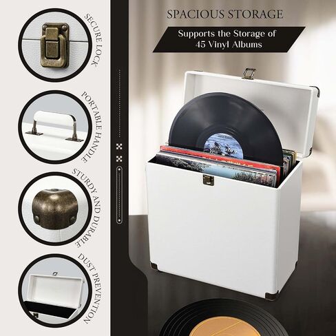 Costravio Vinyl Record Storage Case LP Album Collection Display Box Water Resistant Vinyl Record Organizer Storage Holds 45 Valuable Records 7/10/12 Inch Collapsible Storage Crate White in Saudi Arabia
