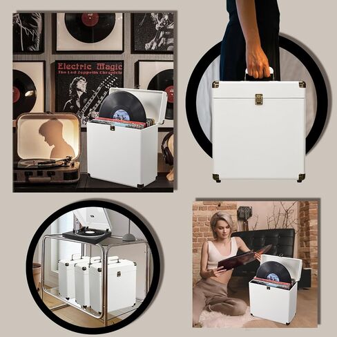 Costravio Vinyl Record Storage Case LP Album Collection Display Box Water Resistant Vinyl Record Organizer Storage Holds 45 Valuable Records 7/10/12 Inch Collapsible Storage Crate White in Saudi Arabia