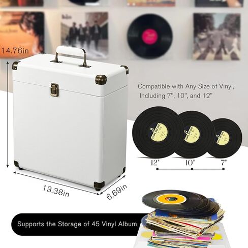 Costravio Vinyl Record Storage Case LP Album Collection Display Box Water Resistant Vinyl Record Organizer Storage Holds 45 Valuable Records 7/10/12 Inch Collapsible Storage Crate White in Saudi Arabia