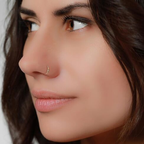 Fake Nose Piercings 14K Gold-Filled Hoop - 24 Gauge Hypoallergenic Non Piercing Nose Cuff - Simple Gold Opal Gold Beads Faux Nose Ring - 7mm Diameter 0.2 Inches - Fake Body Jewelry Handmade in Saudi Arabia