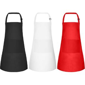 MEEZY 3 Pack Kids Apron with Pockets Adjustable Painting Apron Children Art Apron Toddler Chef Aprons for Kids Painting Cooking Crafts Baking (Red, White, Black)