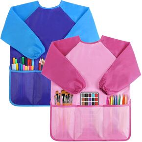 2 Pack Kids Toddlers Art Smock, Waterproof Children Artist Aprons with Long Sleeve 3 Pockets for Age 2-6 Years