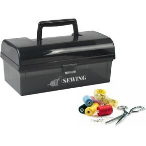 10in Sewing Box, 2 Tier Sewing Basket, Sewing Kit Storage Box Empty with Removable Tray for Folding Tool Box/Art & Crafts Case/Sewing Supplies Organizer/Medicine Box/Family First Aid Box
