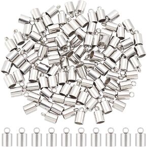 UNICRAFTALE 100pcs Barrel End Caps 100pcs Stainless Steel Cord Ends 4mm Inner Diameter Smooth End Caps Terminators Cord Finding for Jewelry Making Kit, Stainless Steel Color