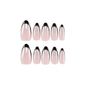 Handmade Exquisite Classic Almond Press On Nails, Timeless Black French Tips on Nude Base - Reusable Luxury Gel Nail Set with Professional Nail Glue for Long-Lasting Wear, Easy Application, and Perfect Fit, 30PCS Most Sizes Available for Women & Girls