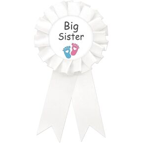 Footprint Big Sister Tinplate Badge Pin, Sister to Be Pin for Girl, Birthday Girl Button Pin, White Rosette Happy Birthday Button for Girl Celebration, Footprint Theme Baby Shower/Newborn Baby Party Favors