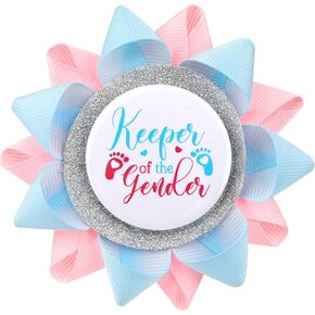 Keeper Of The Gender Button, Gender Reveal Button Pins Reveal Party Favors Boy or Girl Button Pins, Baby Feet Light Pink and Blue Ribbon Pins for Baby Shower Party Supplies