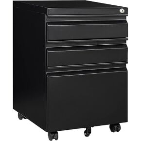3 Drawer Mobile File Cabinet with Lock, Rolling File Cabinet for Home Office, Under Desk Small File Cabinet, Metal Vertical Black Filing Cabinet for Legal/Letter/A4 File, Black