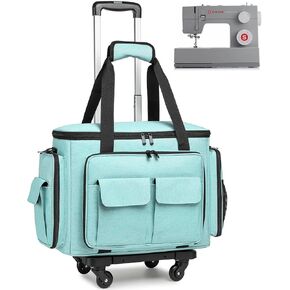 Sewing Machine Case with Wheels - Rolling Sewing Machine Tote with Removable Bottom Pad & Multiple Storage Pockets, Compatible with Singer & Brother (Teal)