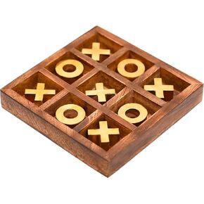 Tic Tac Toe Wooden Board Game Handmade Noughts and Crosses Solid Two-Player Set for Party Travel Outdoor Indoor Coffee Table Décor and Gifting (Size-5"x5") (Design-1)
