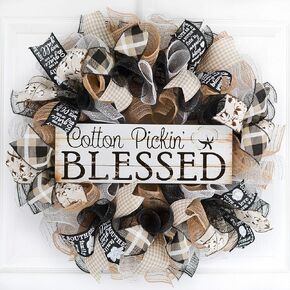 Farmhouse Cotton Pickin Blessed Wreath - Southern Black Ivory Burlap Spring Decor - Wedding Gift - Burlap White
