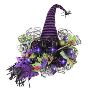 Halloween Door Witch Wreaths with Lights,Burlap Outdoor Front Door Witch Wreath for Home Indoor Outdoor Party