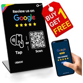 Google Review Stand - Boost Reviews w/Reusable Google Review Tap Card Stand & QR Code Stand- Smart Phone & iPhone Compatible - Boost Google Reviews for Online Growth - Acrylic (Black)