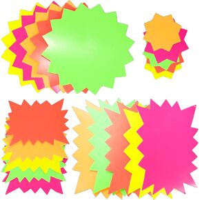 Iconikal Neon Store Paper Starburst Sign Labels, 180 Count, Assorted Sizes with Tape