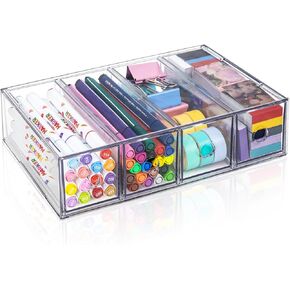 Desk Organizer with 4 Drawers, FODIENS Stackable Desktop Storage Box with Removable Drawer, Clear Sunglasses Organizer Display Case for Stationery Marker Pens Eyeglasses Office Supply