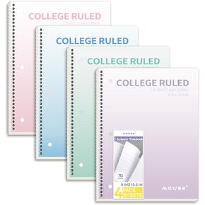 Spiral Notebooks College Ruled, 4 Pack 1 Subject Spiral Notebook, 8 x 10.5 inch, 70 Sheets Notebook College Ruled, 3-Hole Punched Paper, Spiral Notebooks for School&Home, Work, Writing Journal