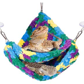 Double-Layered Reptile Hammock - Soft Bearded Dragon Hammock Swing Hanging Bed with Strong Suction Cups & Hooks, for Lizard Gecko Chameleon Small Reptiles, Triangular