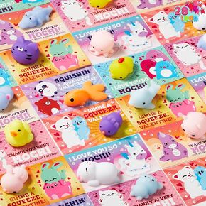 JOYIN 28 Packs Squishy Toy Gift Cards for Kids, Kawaii Mochi to Squeeze with Cards, Mochi Squishy Toy Stress Relief Fidget for Kids Classroom Exchange Prizes Party Favor