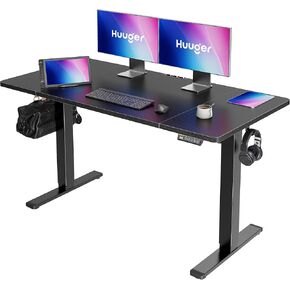 Huuger 55 x 28 Inch Electric Standing Desk, Large Stand up Desk, 27.6" Deep Desktop, 28.3" to 46.5" Height Adjustable Desk, Computer Desk with 2 Hooks, 3 Preset Heights, Office Desk, Black