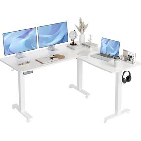 Claiks L Shaped Standing Desk Adjustable Height, Dual Motor Electric Corner Standing Desk, 63x55 inch Sit Stand up Desk with Splice Board, White