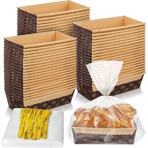 75 Sets Paper Loaf Pans for Baking 6 x 2.5 x 2 Inches Disposable Paper Baking Loft Mold Plastic Bread Bags Clear Bread Bag with Ties Bread Storage Bags for Homemade Bread Bakers and Bakery Owners
