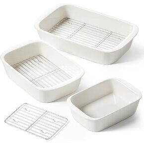 LE TAUCI Deep Casserole Dishes for Oven, 13.7"x9.6" Ceramic Baking Dish Set with Roasting Racks, Large Lasagna Pans with Handles, Rectangular Bakeware as Gift, White (4.6QT/3.0QT/1.6QT), Set of 3