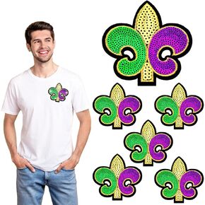 6 Pcs Mardi Gras Colorful Fleur De Lis Sequins Iron on Patches Purple Gold Green Glitter Appliques Iron on Transfers for Carnival DIY Craft Clothing Dress Hats Mardi Gras Accessories